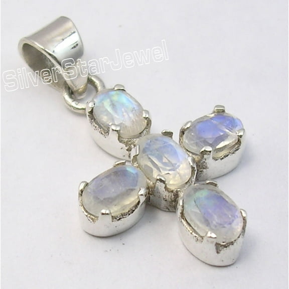 SilverStarJewel 925 Sterling Silver Exclusive Rainbow Moonstone 5 Gem Cross Pendant 1.2" Ethnic