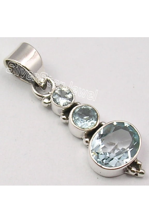 925 Sterling Silver Fabulous Cut Blue Topaz Latest Style 3 Stone Pendant 1.4"