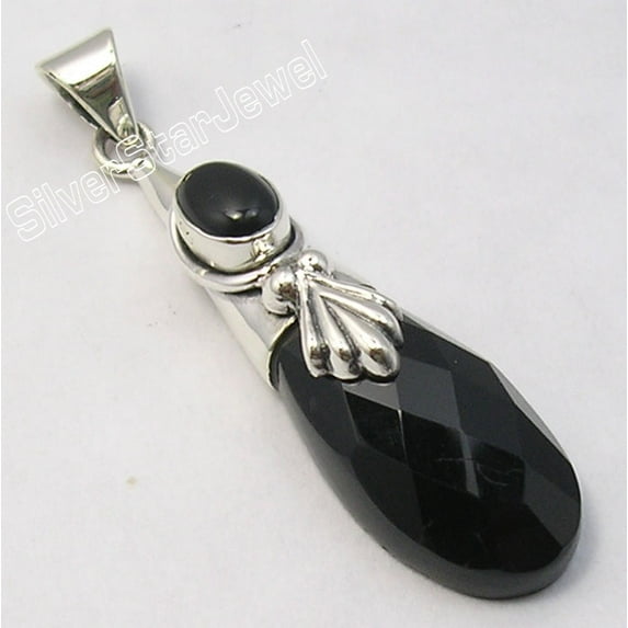 SilverStarJewel 925 Sterling Silver Faceted Black Onyx 2 Jewel Cap Handmade Long Pendant 1.8"