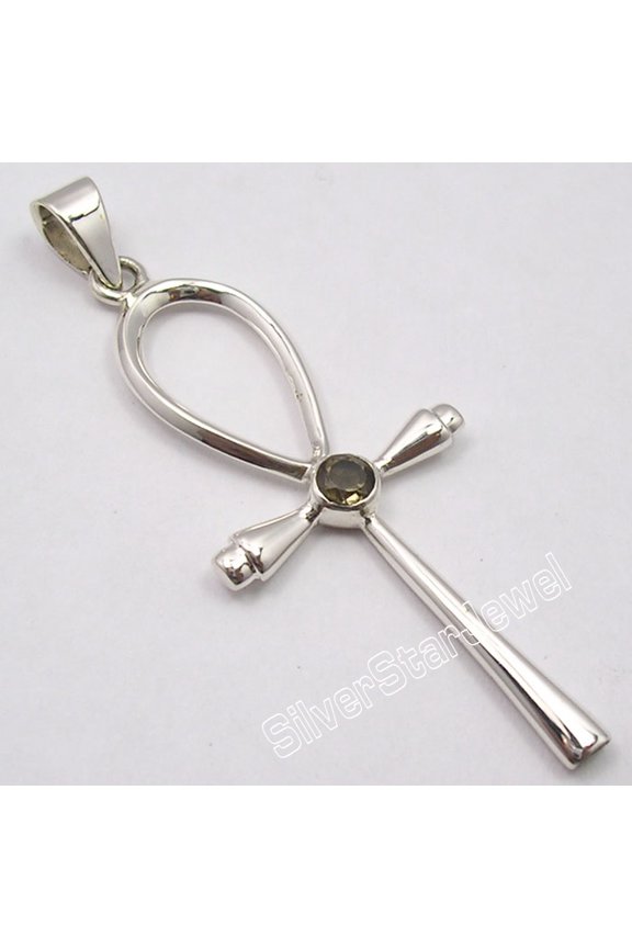 925 Sterling Silver Fancy Brown Smoky Quartz Unusual Ankh Cross Pendant 5.9 CM