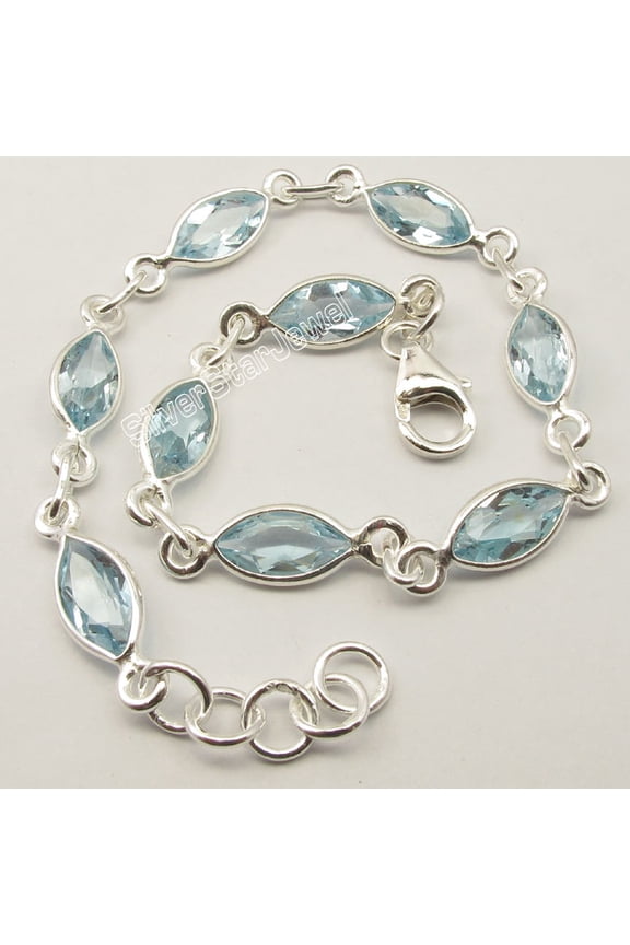 925 Sterling Silver Fancy Cut Blue Topaz Stunning Bracelet 7.9" 6.1 Grams