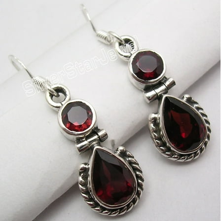 SilverStarJewel 925 Sterling Silver Garnet 2 Facetted Gemstone French Hook Earrings 1.3"