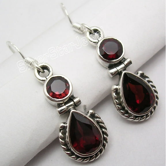 SilverStarJewel 925 Sterling Silver Garnet 2 Facetted Gemstone French Hook Earrings 1.3"