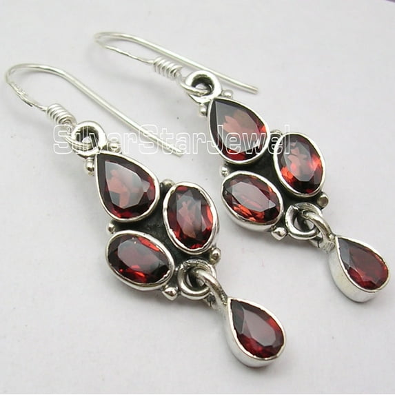 SilverStarJewel 925 Sterling Silver Garnet Gemstone Dangle Earrings 4CM