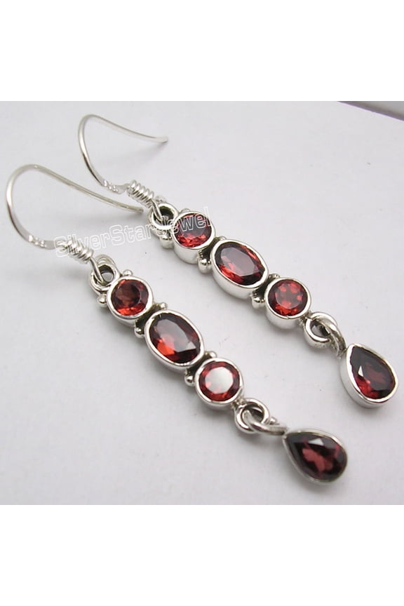 925 Sterling Silver Garnet Long Dangle Earrings 1.9"