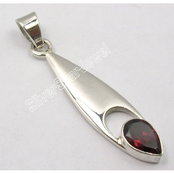 SilverStarJewel .925 Sterling Silver Genuine Drop Garnet Modern Pendant 4.2 CM Unisex Jewelry