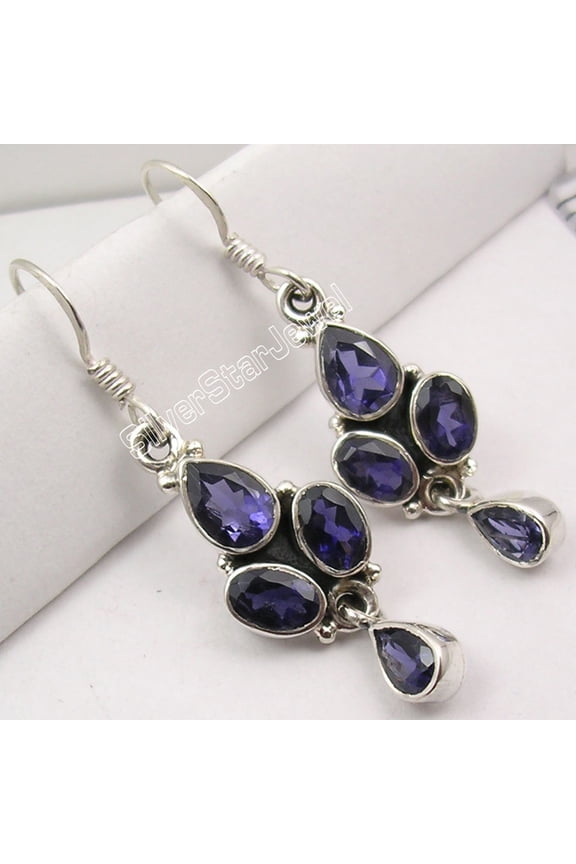 925 Sterling Silver High End Iolite 4 Stone Beautiful French Hook Earrings 1.6"