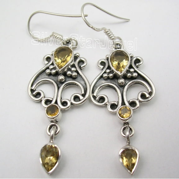 SilverStarJewel 925 Sterling Silver Hot Selling Citrine 3 Stone Oxidized Dangle Earrings 2"