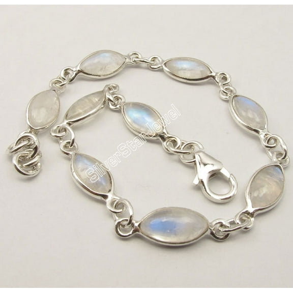 SilverStarJewel 925 Sterling Silver Marquise Rainbow Moonstone Lovely Bracelet 7.9" 6.1 Grams