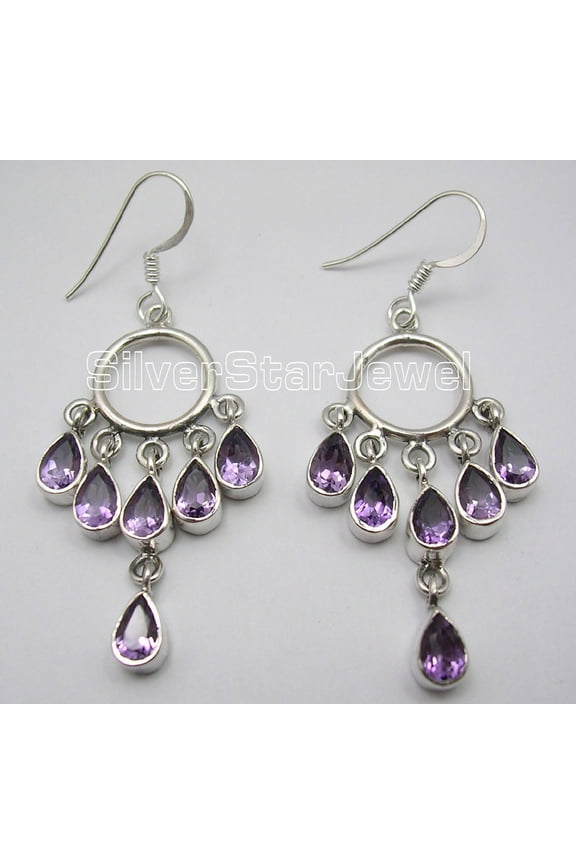 925 Sterling Silver Multistone Drop Purple Amethyst Long Dangle Earrings 2.2"