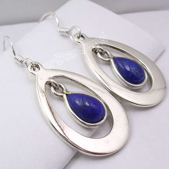 SilverStarJewel 925 Sterling Silver Natural Lapis Lazuli Drop Exclusive Earrings 1 5/8"