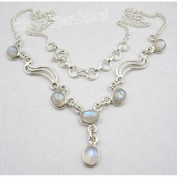 SilverStarJewel 925 Sterling Silver Natural Rainbow Moonstone Gorgeous Necklace 17.25"