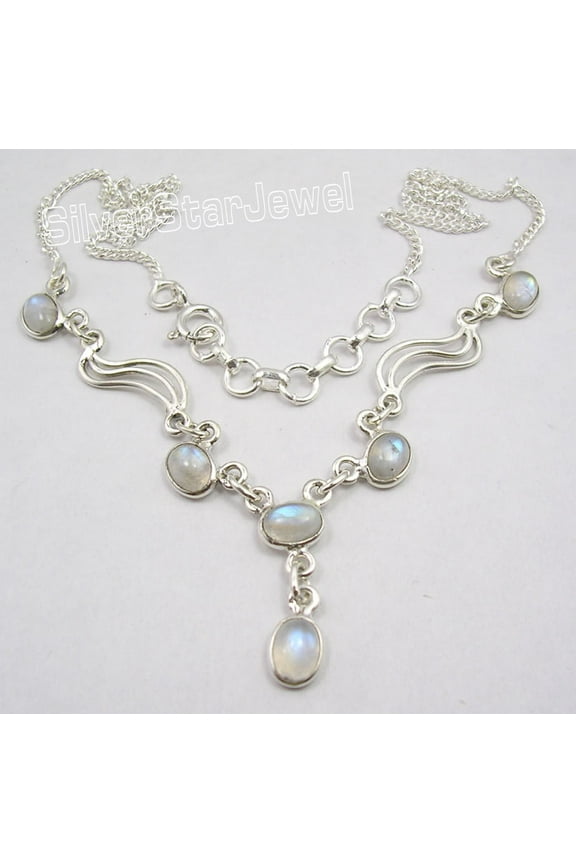 925 Sterling Silver Natural Rainbow Moonstone Gorgeous Necklace 17.25"
