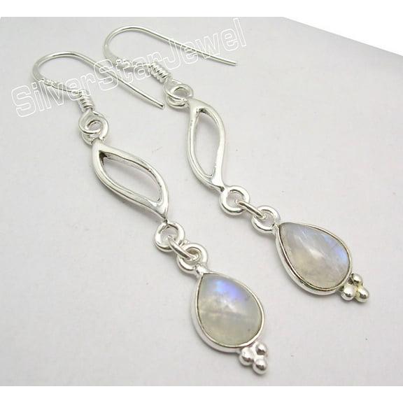 SilverStarJewel 925 Sterling Silver Natural Rainbow Moonstone Long One Of A Kind Earrings 2.1"