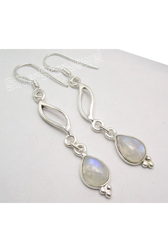 925 Sterling Silver Natural Rainbow Moonstone Long One Of A Kind Earrings 2.1"