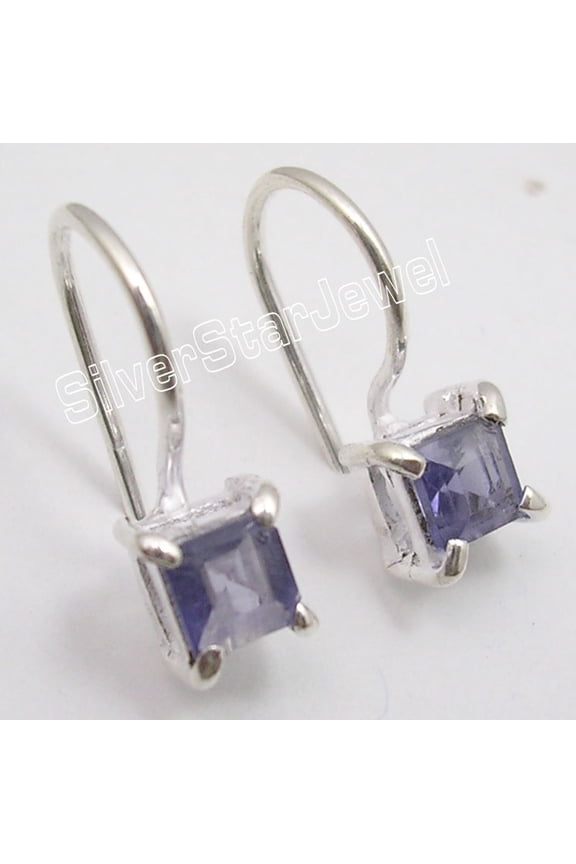 925 Sterling Silver Natural Square Iolite Prong-Setting Nouveau Earrings 0.6"