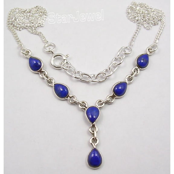 SilverStarJewel 925 Sterling Silver Navy Blue Lapis Lazuli Drop Stones Elegant Necklace 18 5/8"
