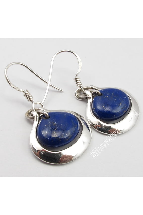 925 Sterling Silver Navy Blue Lapis Lazuli Heart Shape Unusual Earrings 1.3"