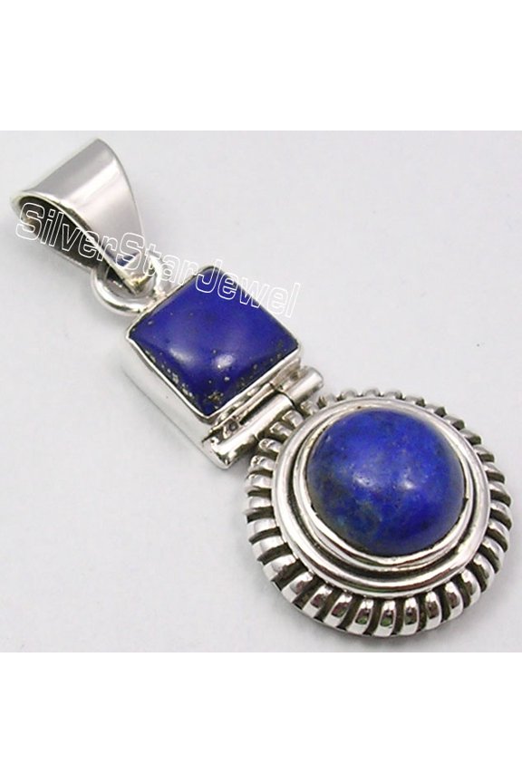 925 Sterling Silver Navy Blue Lapis Lazuli Vintage Style Ethnic Pendant 1.4"