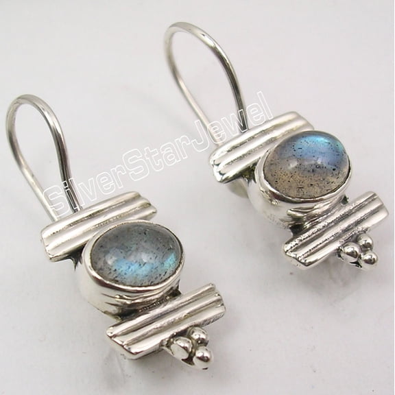 SilverStarJewel 925 Sterling Silver Oval Labradorite Retro Style Earrings 1.4" Gift For Friend