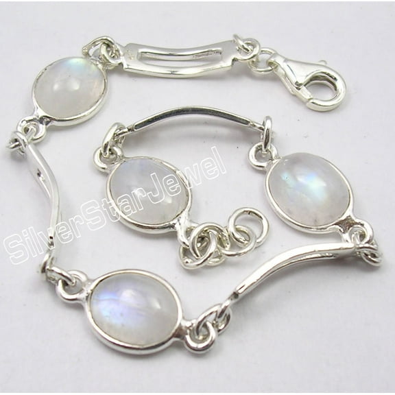 SilverStarJewel 925 Sterling Silver Oval Rainbow Moonstone Unisex Adjustable Bracelet 7.5 "