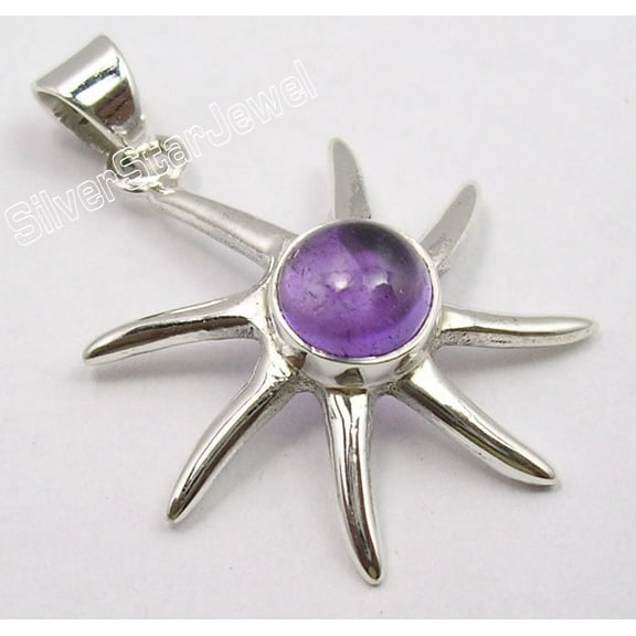 SilverStarJewel .925 Sterling Silver Purple Amethyst Extra Ordinary Sun Pendant 1.3" Unisex