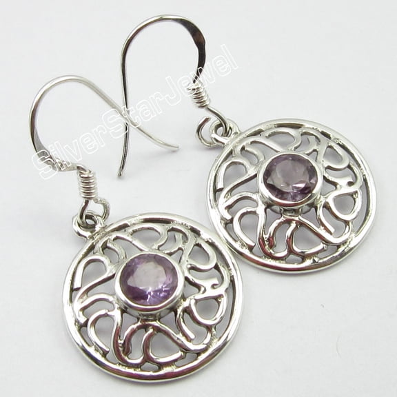 SilverStarJewel 925 Sterling Silver Purple Amethyst Gem Round Well Made Celtic Earrings 1.3 Inch