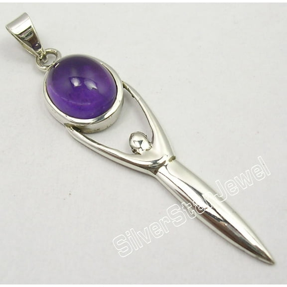 SilverStarJewel 925 Sterling Silver Purple Amethyst Goddess Long Pendant 5.8 CM Unisex Jewelry