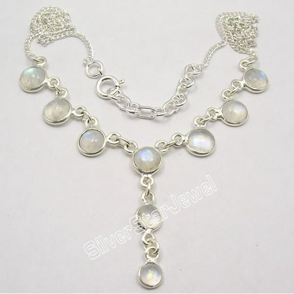 SilverStarJewel 925 Sterling Silver Rainbow Moonstone Cute Curb Chain Necklace 17.9"