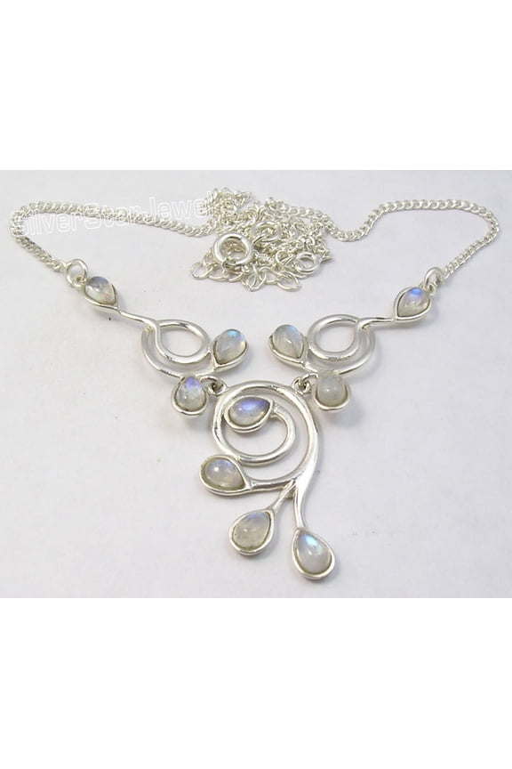 925 Sterling Silver Rainbow Moonstone Gemset Necklace 16.8" 9.6 Grams
