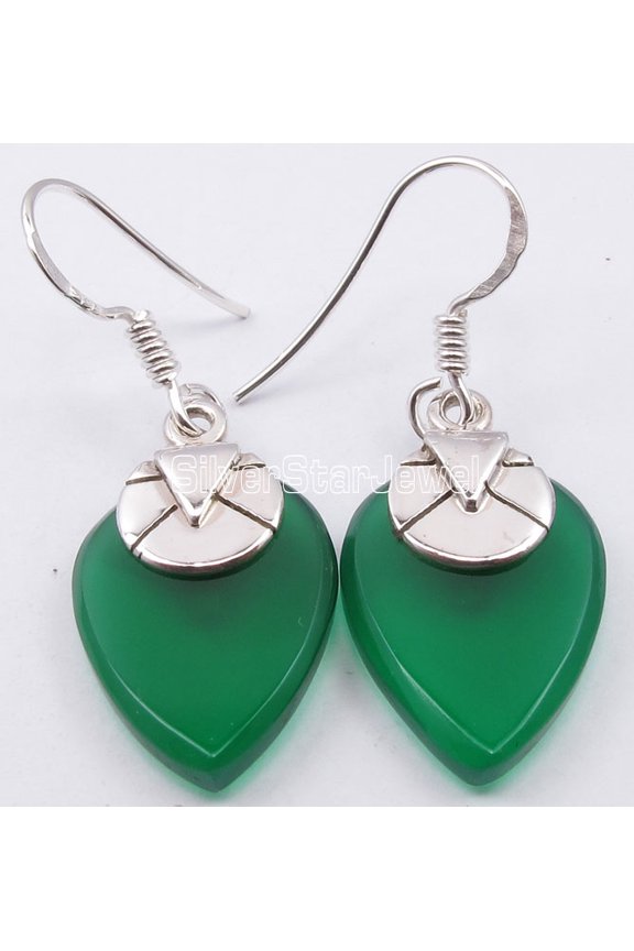 925 Sterling Silver Rare Green Onyx Fashionable Earrings 1.4" Factory Direct