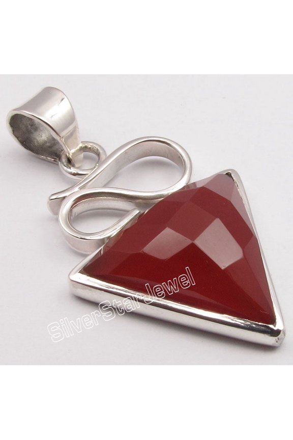 925 Sterling Silver Red Carnelian Gemstone Charming Triangle Pendant 1.5"