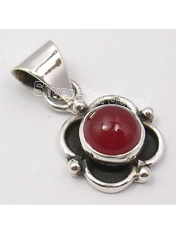 925 Sterling Silver Red Carnelian Stone Oxidized Vintage Style Pendant 0.9"