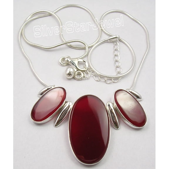 SilverStarJewel 925 Sterling Silver Red Fire Big Carnelian 3 Stone Snake Chain Necklace 18.25"