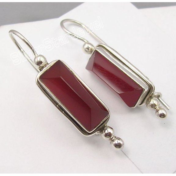 SilverStarJewel 925 Sterling Silver Red Fire Carnelian Pyramid Gem Handwork Earrings 1.5"