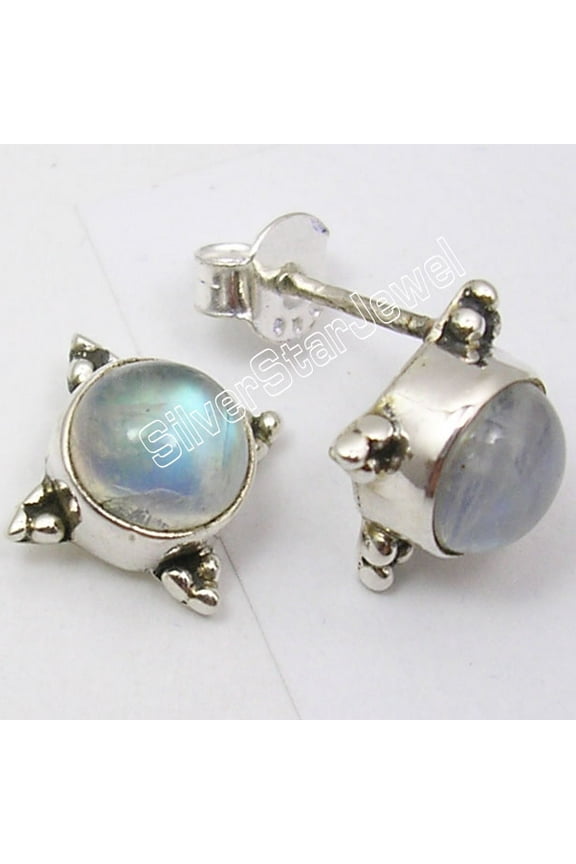 925 Sterling Silver Round Rainbow Moonstone Unisex Jewelry Stud Posts 1.2 CM