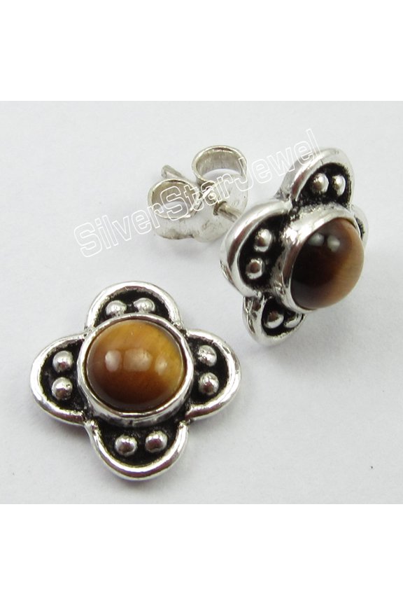 925 Sterling Silver Unseen Round Cabochon Brown Tiger's Eye Post Earrings 0.6"