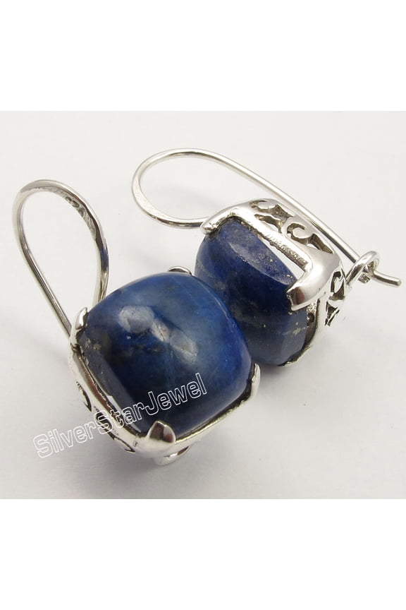 925 Sterling Silver Unusual Lapis Lazuli Nice Cushion Earrings 2.4 CM 5.5 Grams