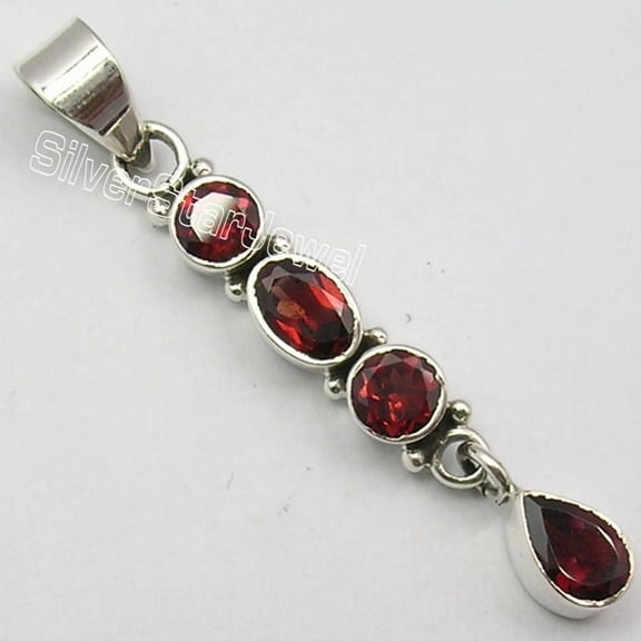 SilverStarJewel 925 Sterling Silver Wonderful Garnet 4 Cut Gemstone Stylish Long Pendant 1.8"