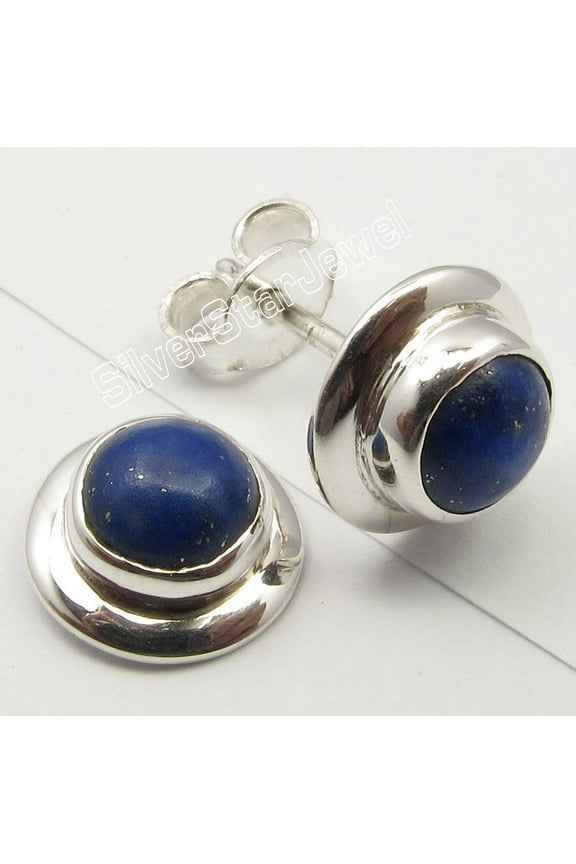 925 Sterling Solid Silver Navy Blue Lapis Lazuli Deco Studs Post Earrings 0.4"