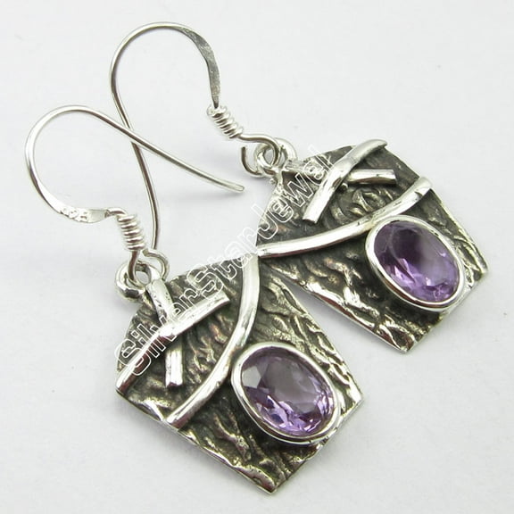 SilverStarJewel Antique Looking Jewelry !! 925 Pure Silver Natural Amethyst Art Earrings 1.3"