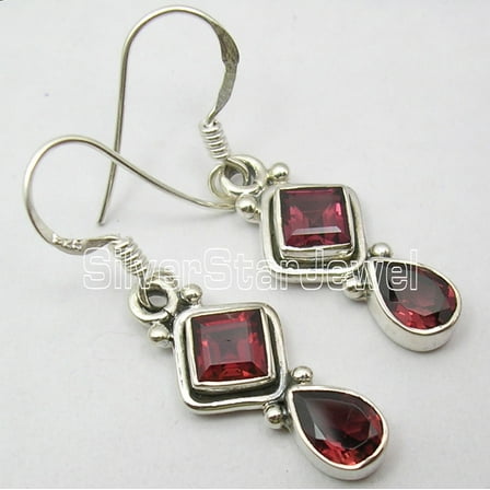 SilverStarJewel Beautiful Garnet 2 Stone Jewelry ! 925 Sterling Silver Dangling Earrings 1.4"