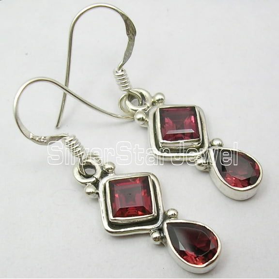 SilverStarJewel Beautiful Garnet 2 Stone Jewelry ! 925 Sterling Silver Dangling Earrings 1.4"