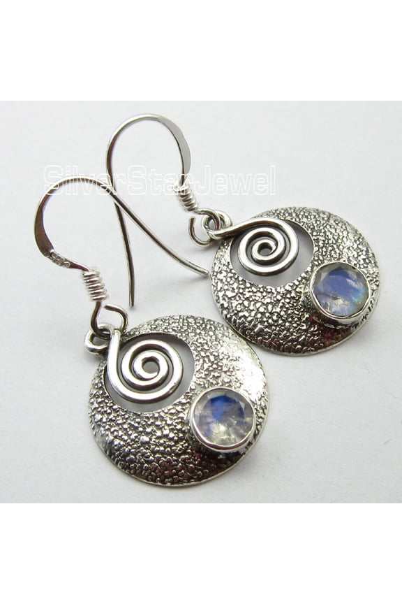 Bohemian Earrings 1.3", 925 Pure Silver 5x5 Mm Round Cabochon Rainbow Moonstone