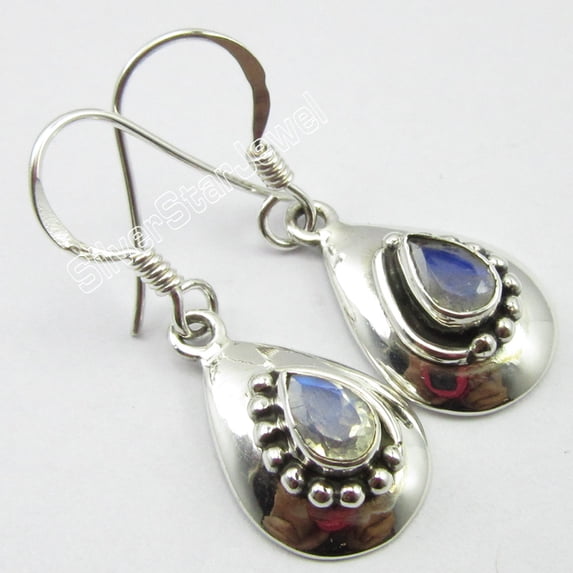 SilverStarJewel Combined Shipping Jewelry ! 925 Solid Silver Rainbow Moonstone Earrings 1.3"