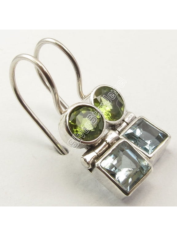 Earrings, Peridot & Blue Topaz, 925 Sterling Silver, 1 in