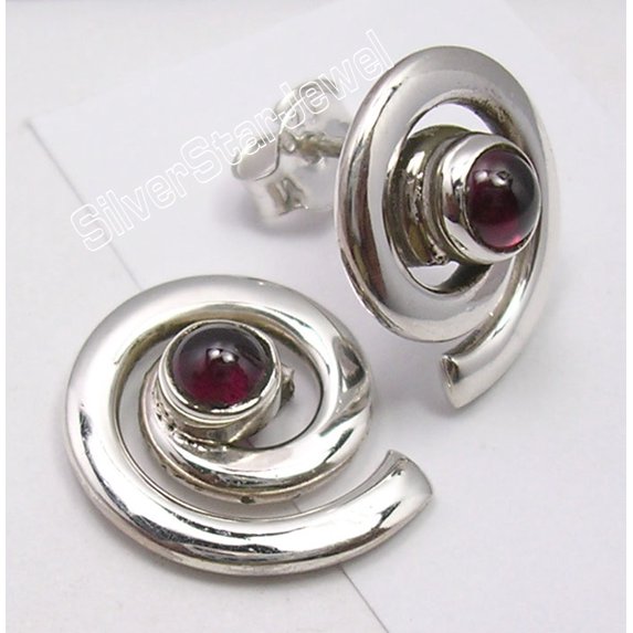 SilverStarJewel Exclusive Garnet Gem, 925 Sterling Silver Spiral Studs Post Earrings 0.6"