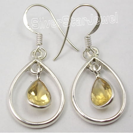 SilverStarJewel Faceted Yellow Citrine Earrings 1.4" ! 925 Pure Silver Artisan Modern Jewelry