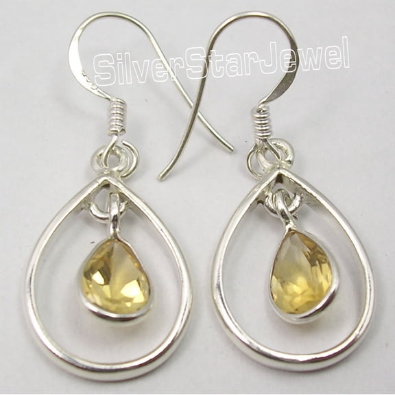 SilverStarJewel Faceted Yellow Citrine Earrings 1.4" ! 925 Pure Silver Artisan Modern Jewelry