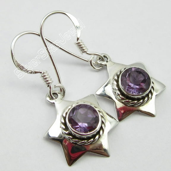 SilverStarJewel Indian Silver Gift Items, 925 Solid Silver Amethyst Star Artisan Earrings 1.2"